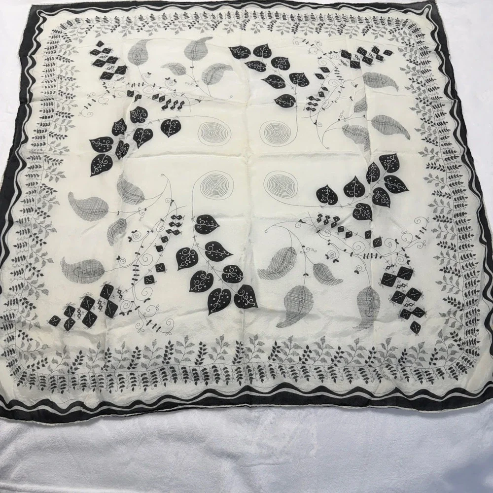 Womens Vintage Square Scarf Gray White Black Botanical Fern Leaf Hand Rolled